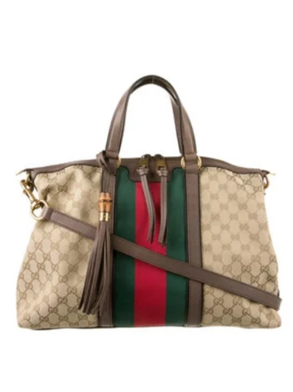 Gucci Beige GG Canvas Tote with Green and Red Center Stripe - Picture 1 of 12